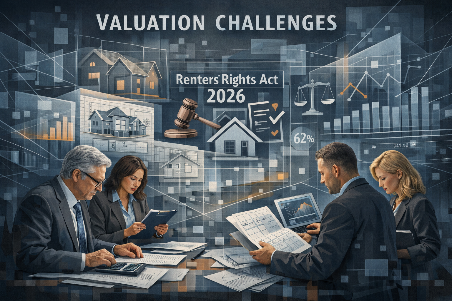 Valuation Challenges section dynamic illustration depicting expert witness professionals analyzing property documentation,