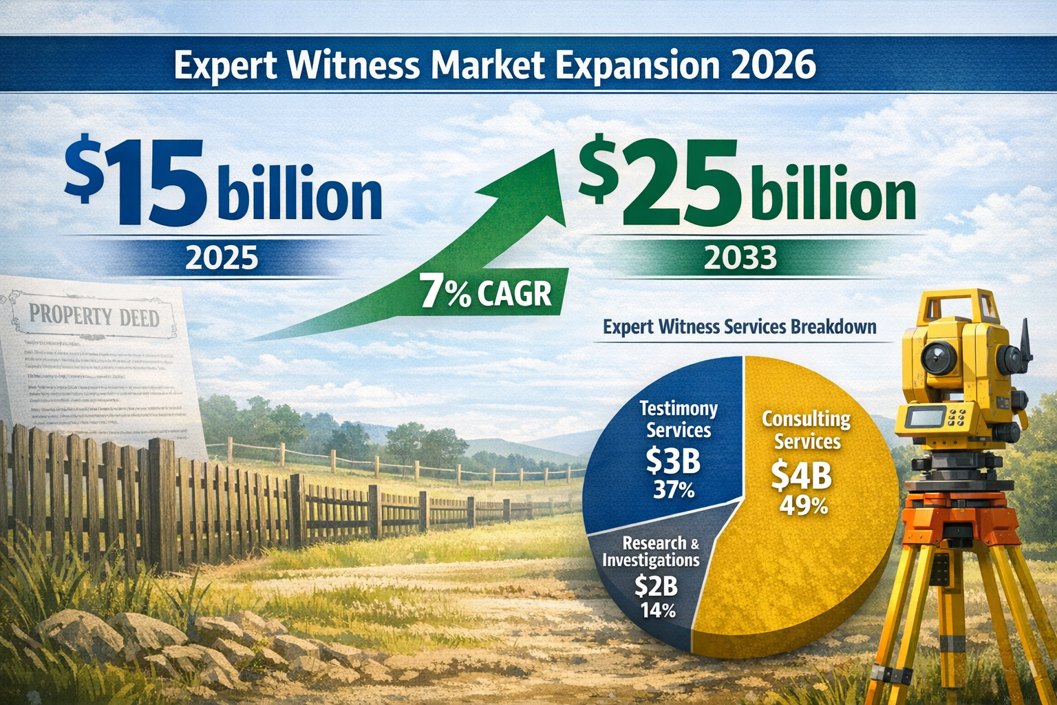 Landscape format (1536x1024) detailed infographic showing the expert witness services market growth from 2025 to 2033, featuring large bold 