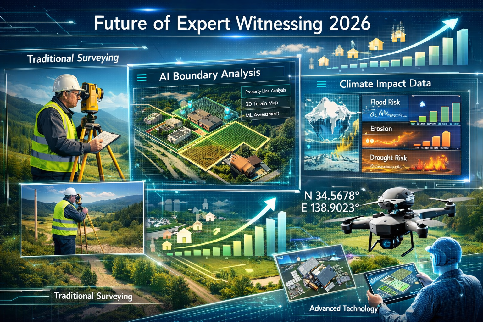 Landscape format (1536x1024) forward-looking visualization showing 2026 trends affecting expert witness testimony in boundary disputes. Futu