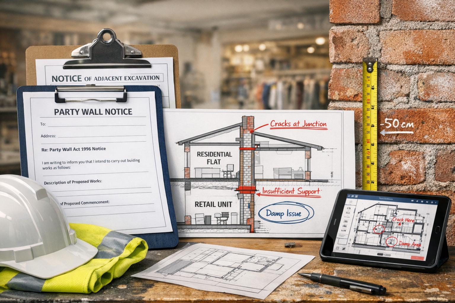 Detailed landscape format (1536x1024) image showing close-up of party wall survey documentation process in mixed-use retrofit context. Visua