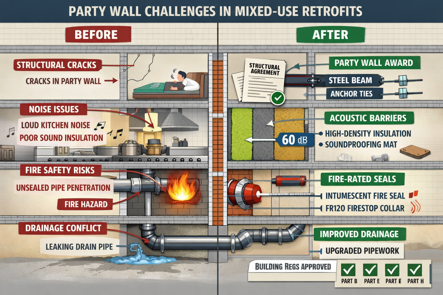 Comprehensive landscape format (1536x1024) infographic-style image illustrating common party wall challenges in mixed-use retrofits. Split-s