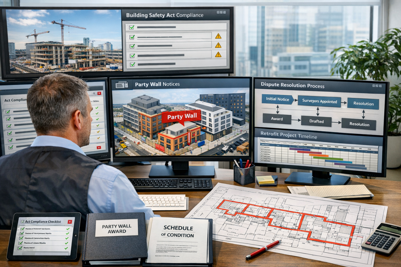 Detailed landscape format (1536x1024) image showcasing modern surveyor workflow for 2026 urban renewal projects. Scene depicts professional