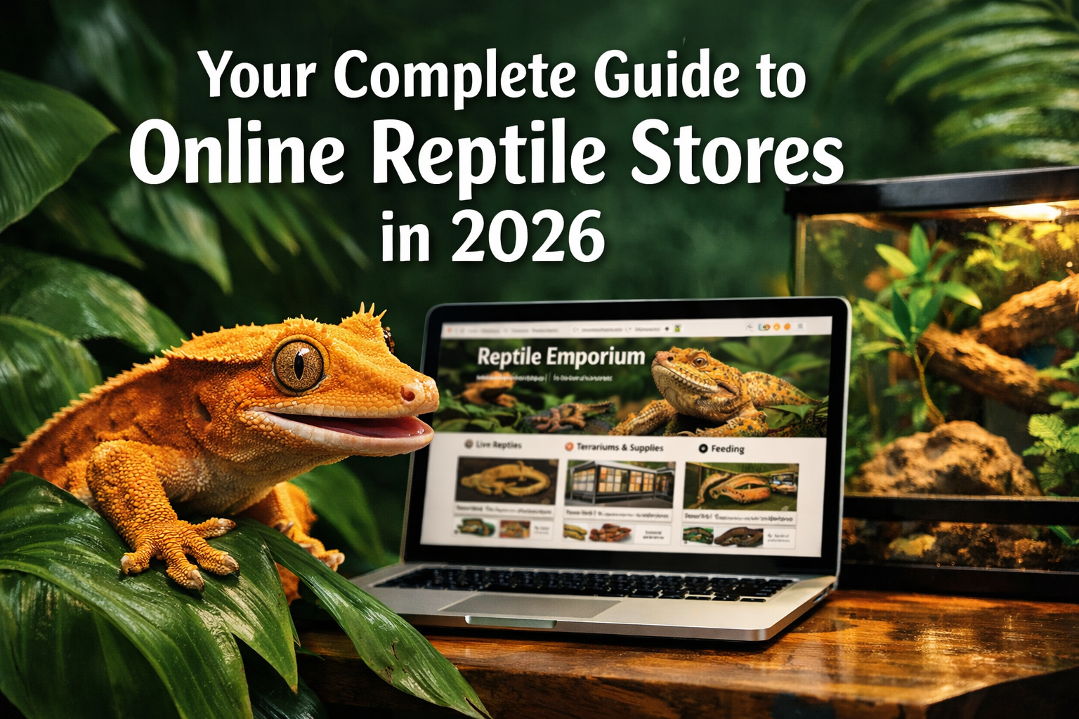 Professional landscape format (1536x1024) hero image featuring bold text overlay 'Your Complete Guide to Online Reptile Stores in 2026' in e