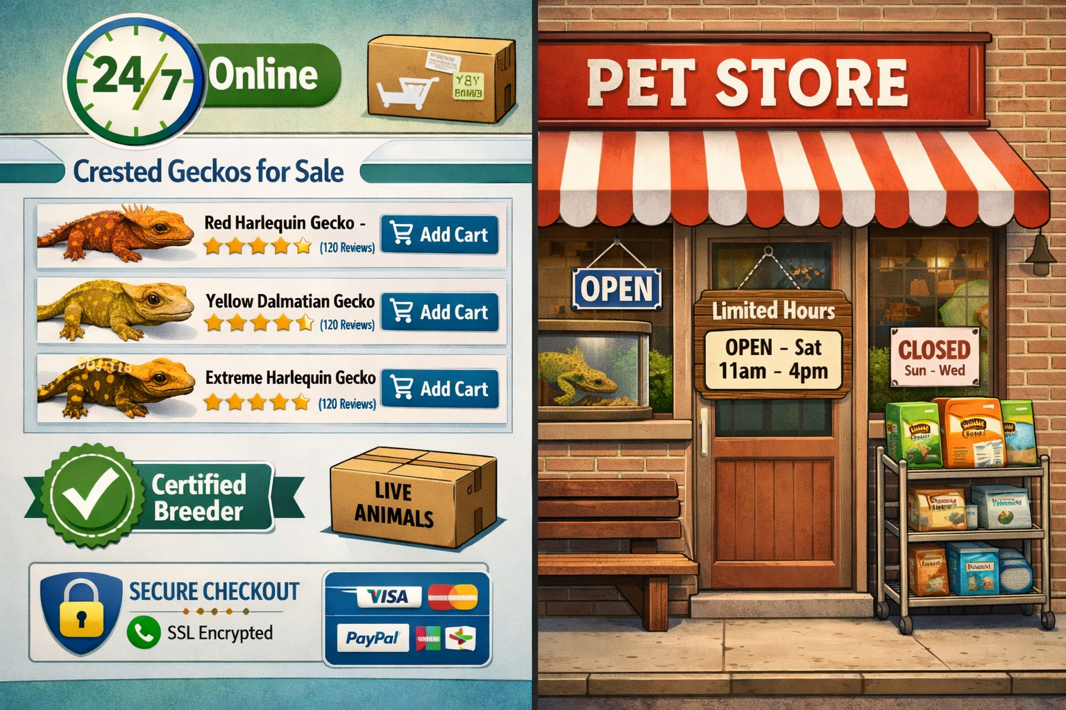 Landscape format (1536x1024) image showing split-screen comparison: left side displays professional online reptile store website interface w