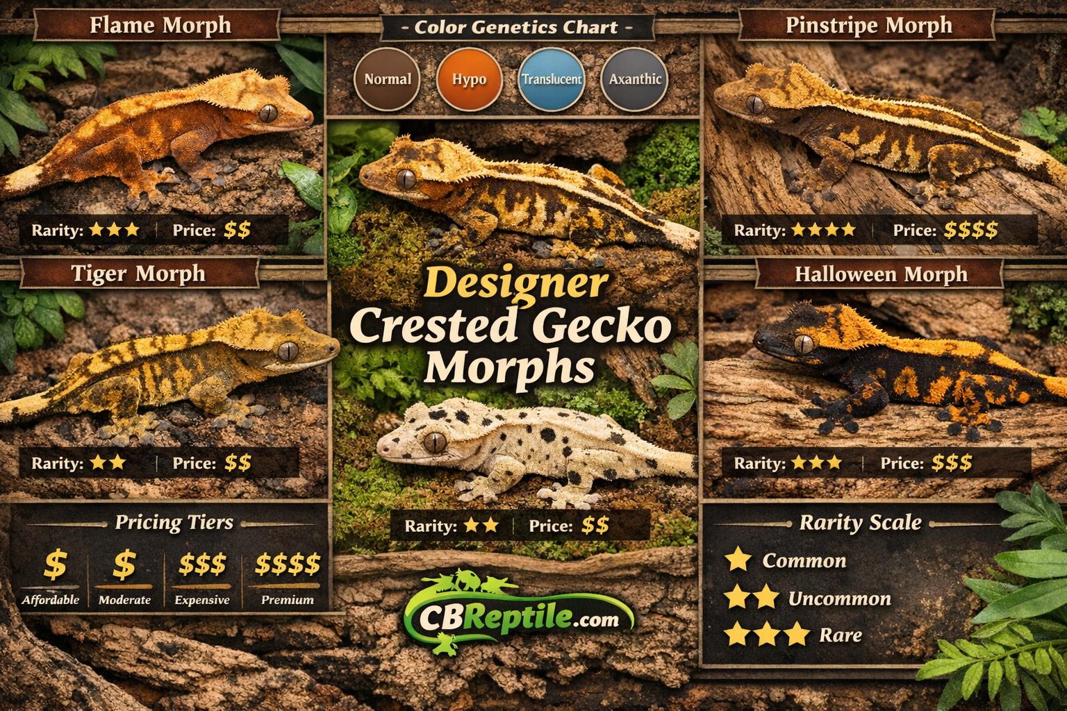 Landscape format (1536x1024) detailed infographic showing crested gecko morph varieties in grid layout: flame, harlequin, pinstripe, tiger, 