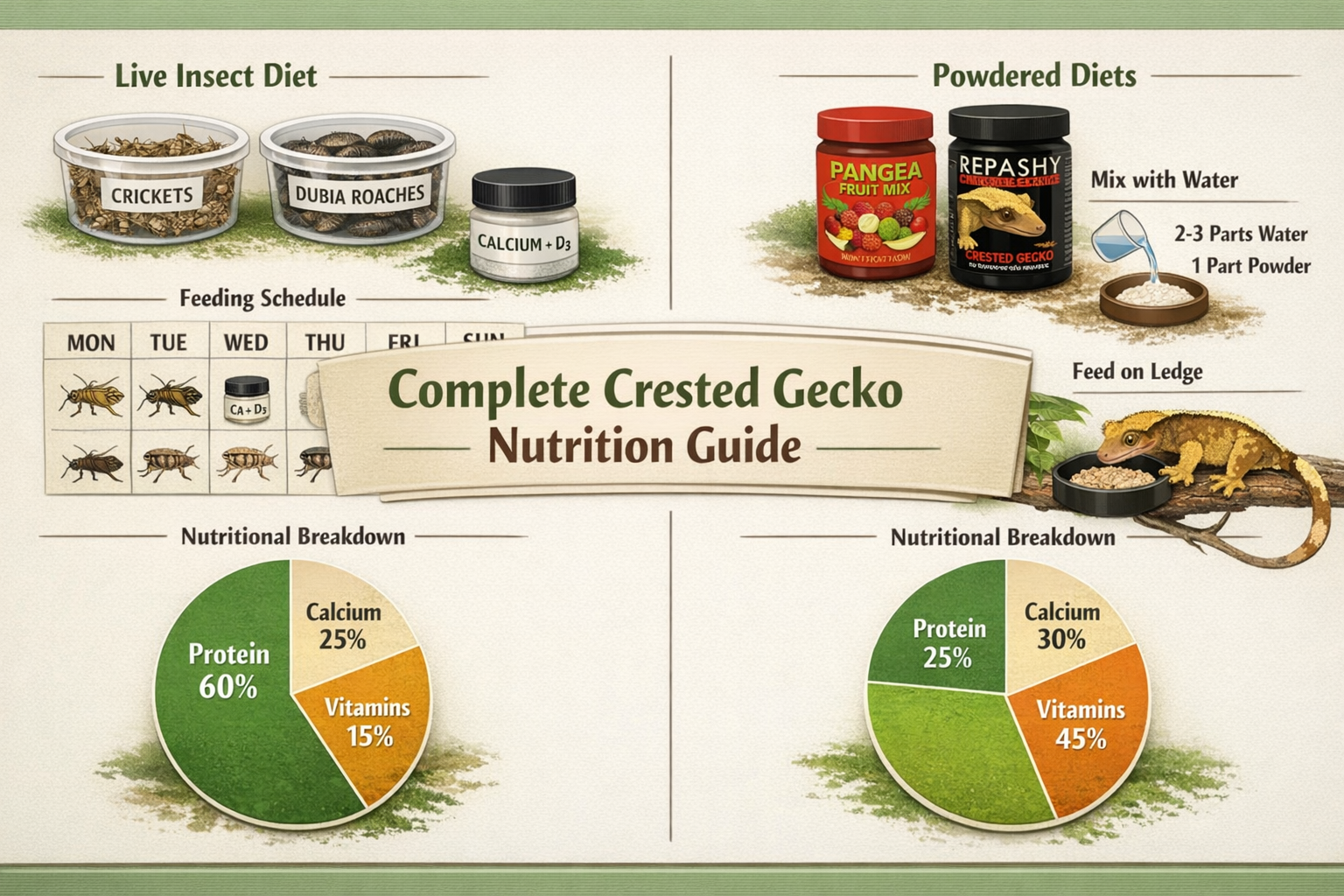Landscape format (1536x1024) nutrition guide infographic split into two sections: left shows live insect diet with crickets, dubia roaches, 