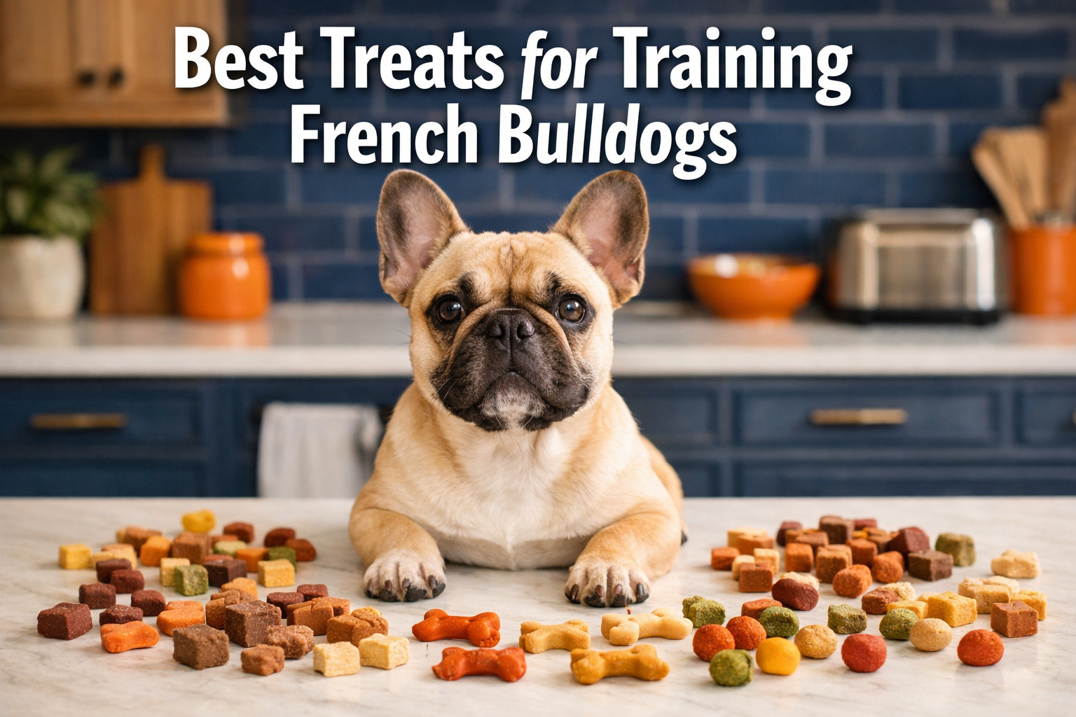 Professional landscape format (1536x1024) hero image with bold text overlay 'Best Treats for Training French Bulldogs' in extra large 72pt w