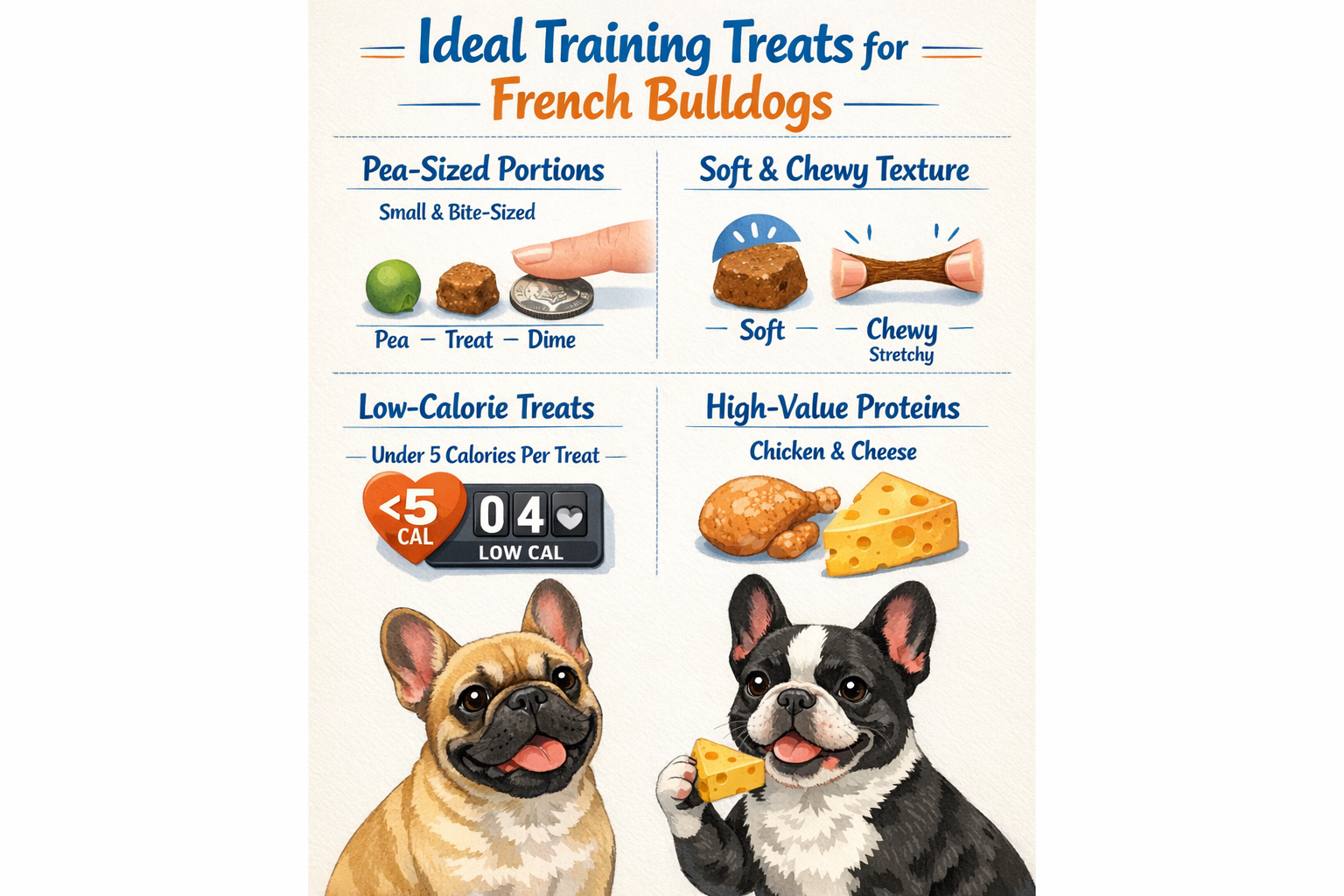 Portrait format (1024x1536) infographic showing ideal training treat characteristics for French Bulldogs: pea-sized portions, soft chewy tex