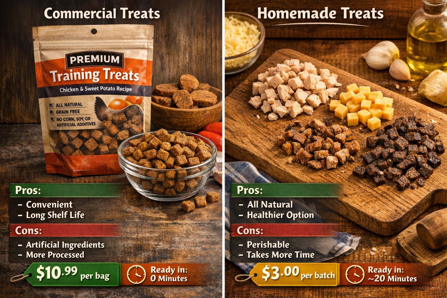 Portrait format (1024x1536) split-screen comparison showing commercial vs homemade training treats for French Bulldogs. Left side displays p