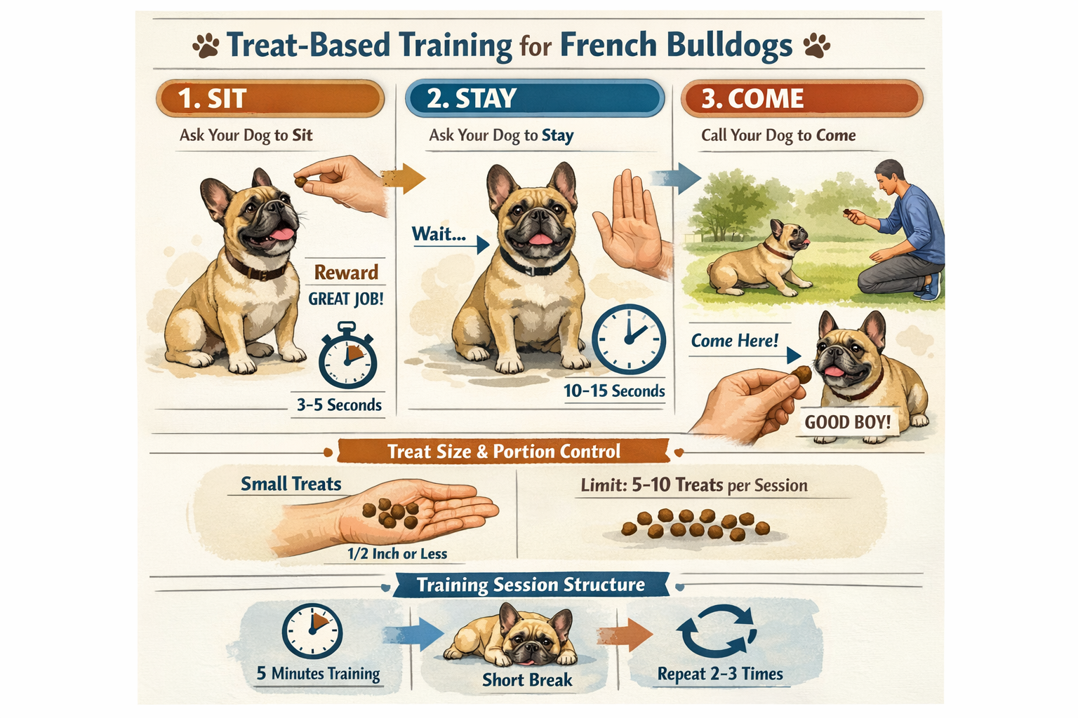 Portrait format (1024x1536) step-by-step visual guide for implementing treat-based training with French Bulldogs. Shows sequence of training