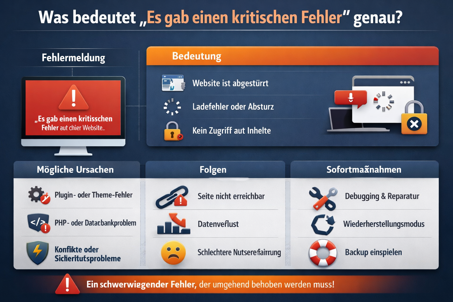 Professional infographic for article "„Es gab einen kritischen Fehler" in WordPress: Ursachen, Lösungen und Prävention",