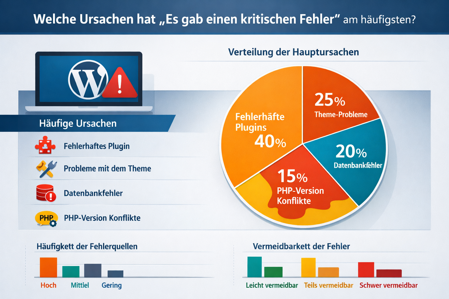Professional infographic for article "„Es gab einen kritischen Fehler" in WordPress: Ursachen, Lösungen und Prävention",
