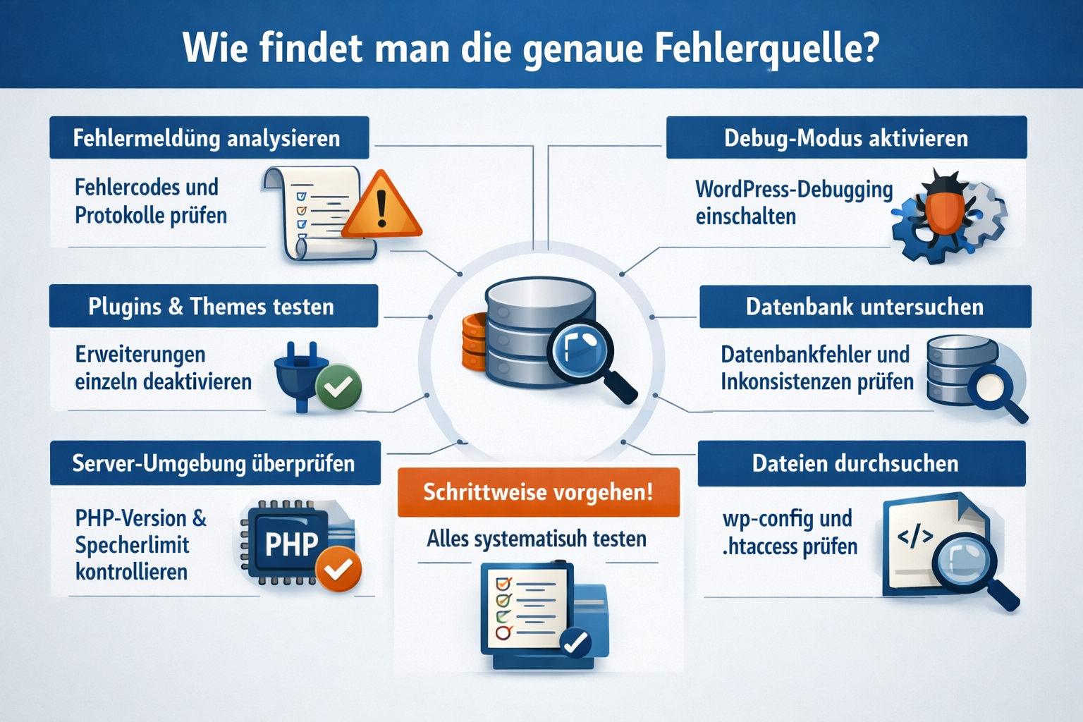 Professional infographic for article "„Es gab einen kritischen Fehler" in WordPress: Ursachen, Lösungen und Prävention",