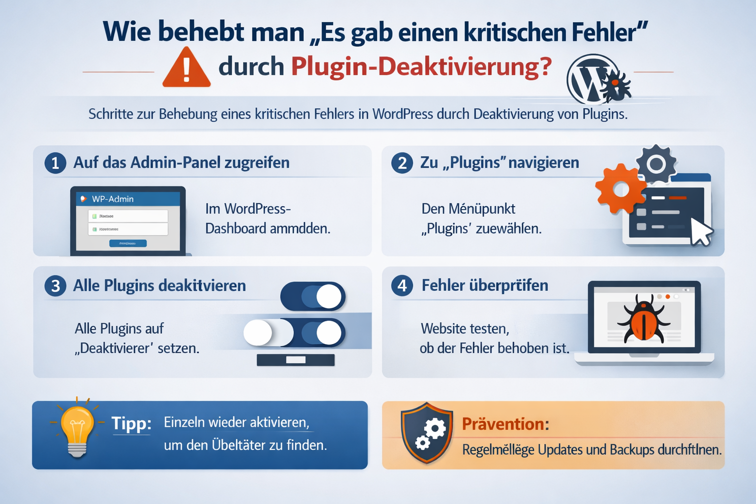 Professional infographic for article "„Es gab einen kritischen Fehler" in WordPress: Ursachen, Lösungen und Prävention",
