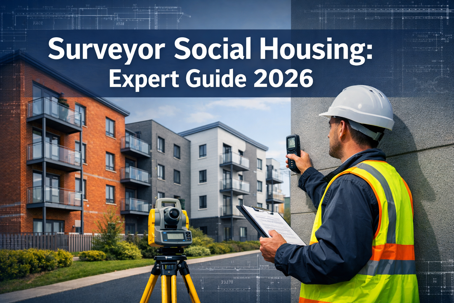 Professional landscape hero image (1536x1024) featuring bold text overlay 'Surveyor Social Housing: Expert Guide 2026' in extra large 72pt w
