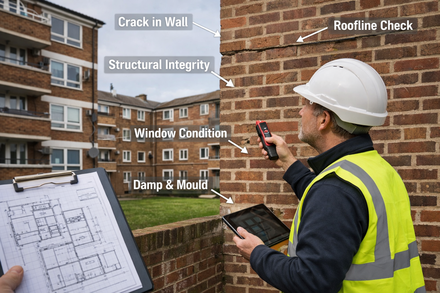 Detailed landscape editorial photograph (1536x1024) showing professional building surveyor conducting comprehensive inspection of social hou