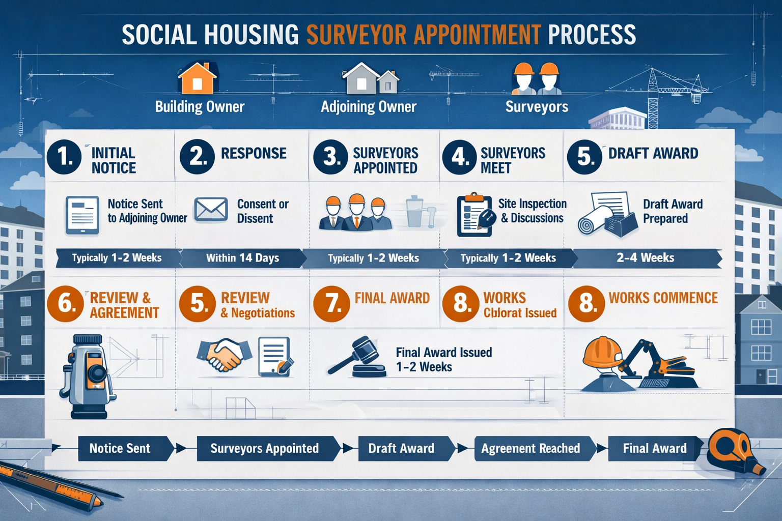 Informative landscape infographic illustration (1536x1024) displaying the complete social housing surveyor appointment process as flowchart