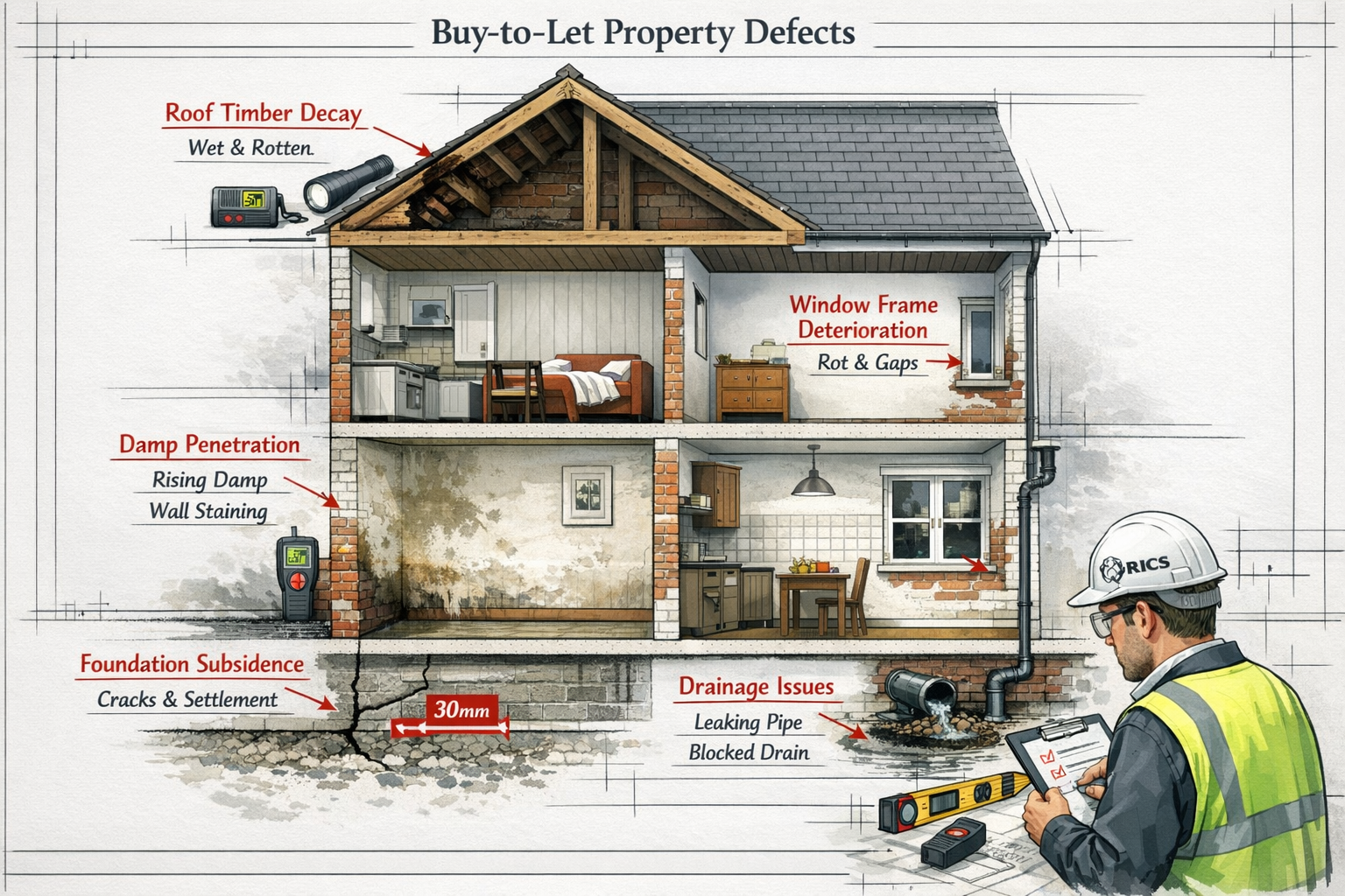 () detailed cutaway illustration of multi-story buy-to-let property showing cross-section view with labeled structural