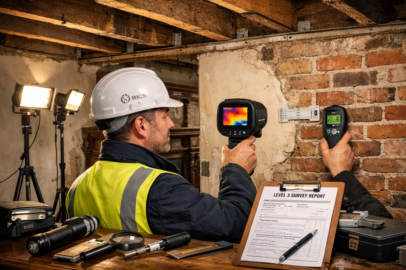 () professional scene inside Victorian-era conversion property showing RICS surveyor conducting detailed Level 3 inspection