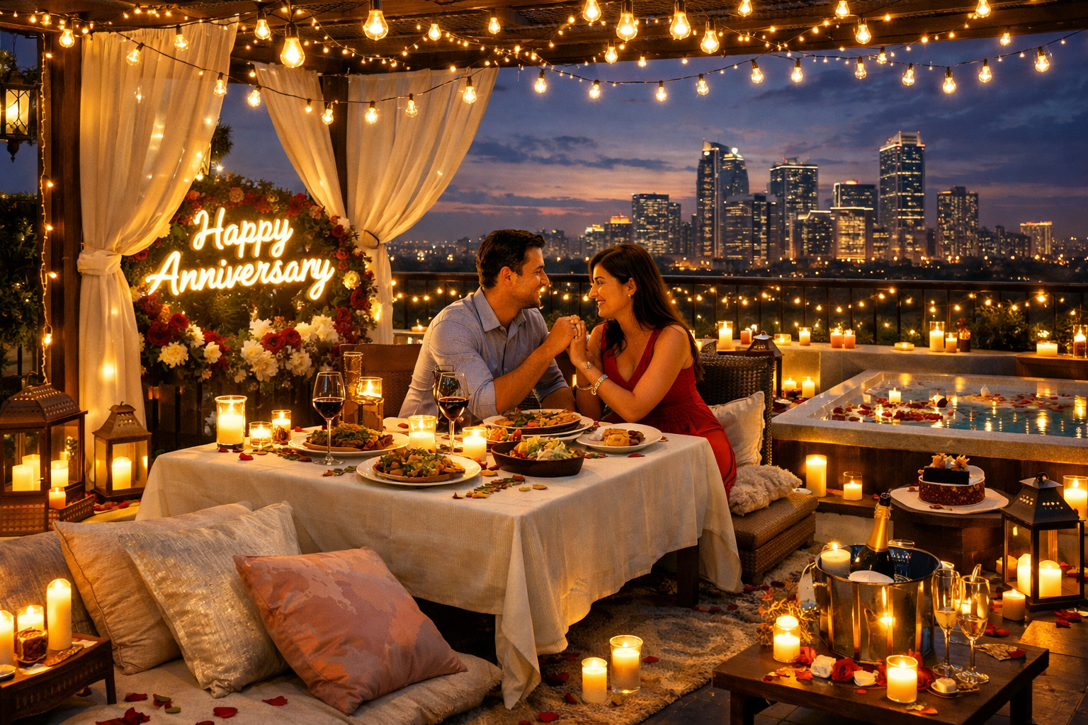 () image illustrating a 'romantic rooftop escape' themed Airbnb in Gurgaon. The scene depicts a couple enjoying a private