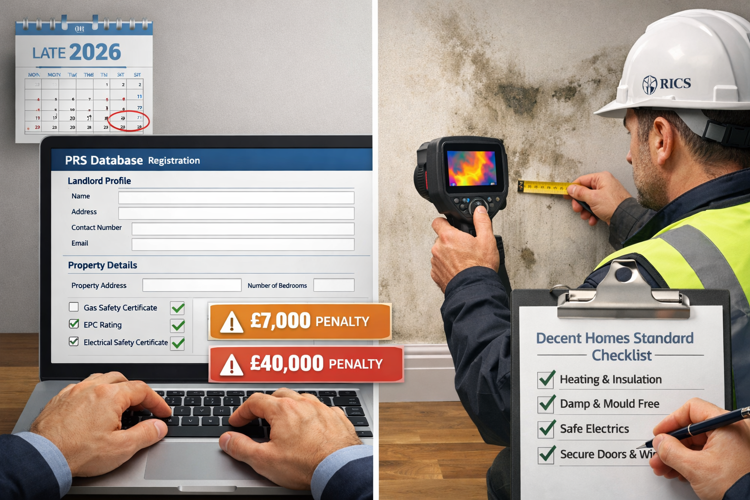 () detailed illustration showing split-screen composition: left side displays digital PRS Database registration interface on