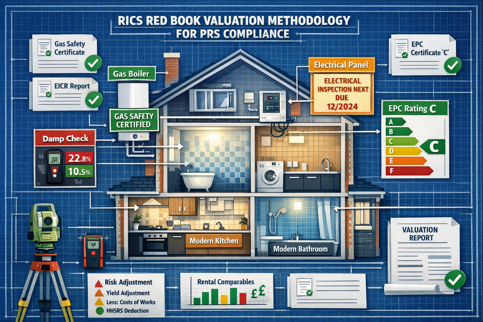 () comprehensive visual diagram showing RICS Red Book valuation methodology adapted for PRS compliance: central image of UK