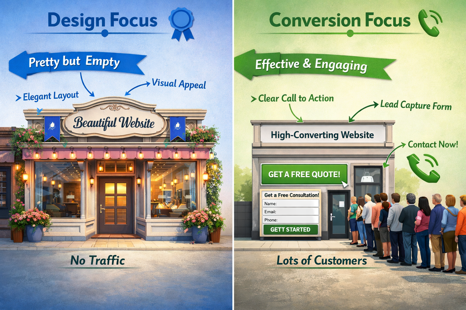 Landscape format (1536x1024) image showing side-by-side comparison of website design vs conversion focus. Left panel displays aesthetically 