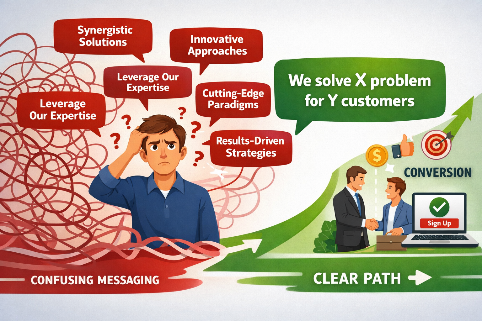 Landscape format (1536x1024) infographic-style image depicting website messaging problems. Central figure of confused potential customer sur
