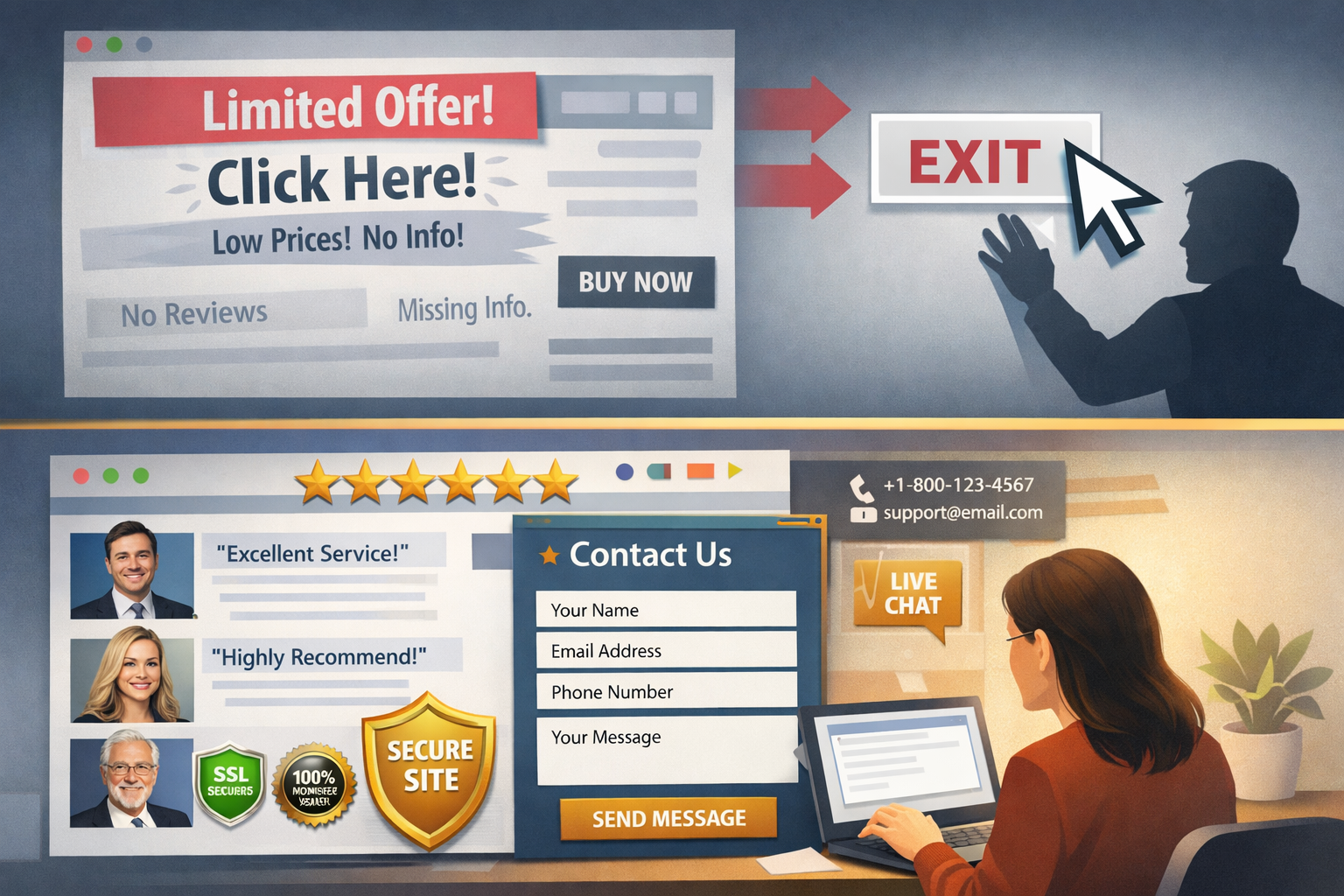 Landscape format (1536x1024) conceptual image showing website trust and credibility elements. Split composition: top half shows website lack