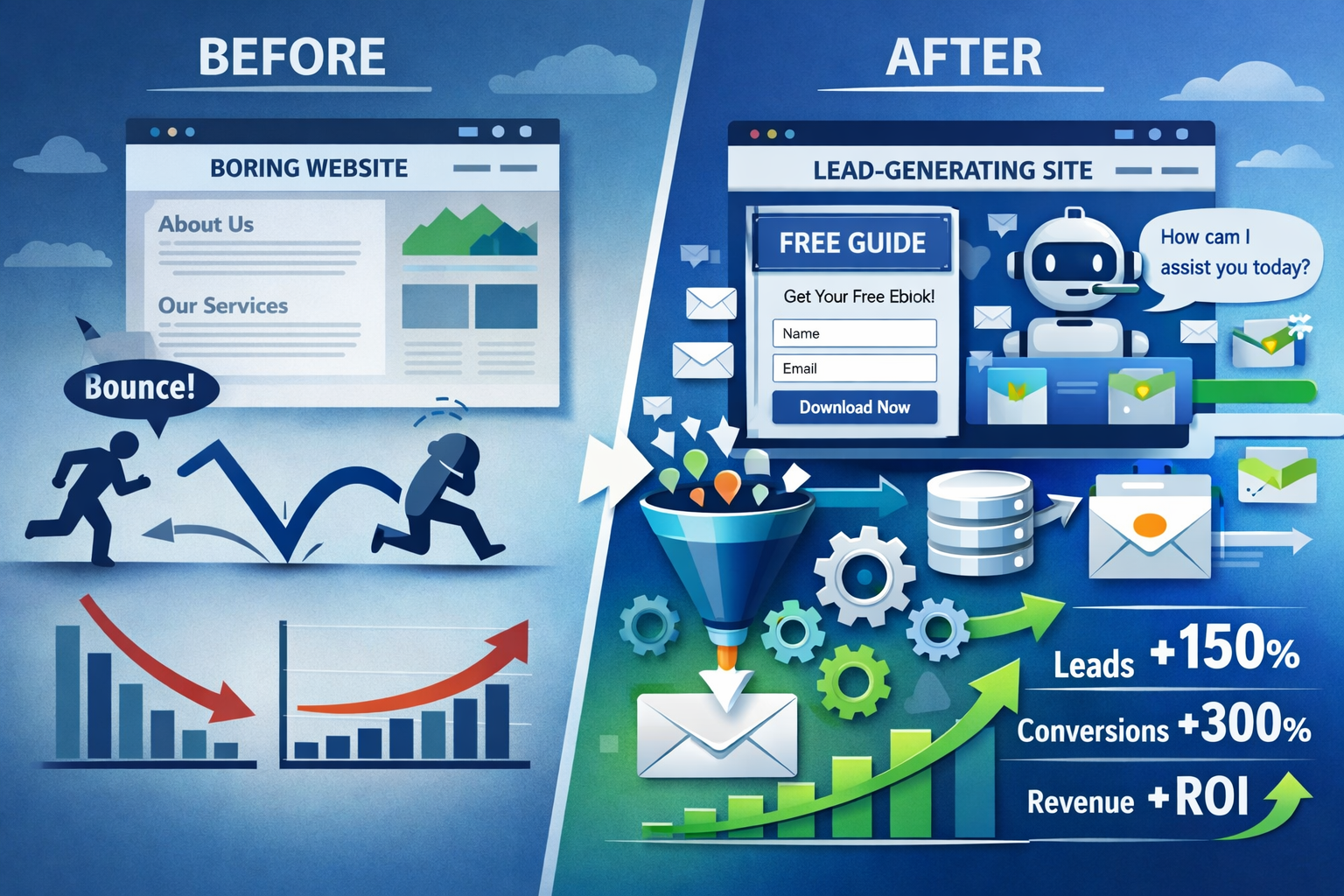 Landscape format (1536x1024) image illustrating lead generation transformation process. Before/after style showing website evolution: left s