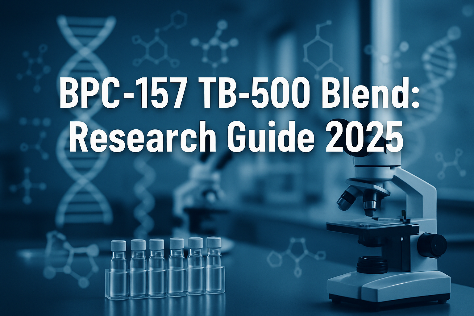 Professional landscape hero image (1536x1024) featuring bold text overlay 'BPC-157 TB-500 Blend: Research Guide 2025' in extra large 72pt wh