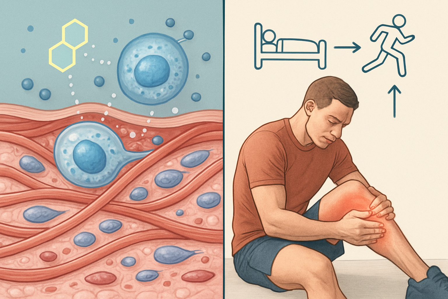 Split-screen composition showing tissue repair mechanisms with cellular regeneration imagery on left side and athletic recovery concepts on 