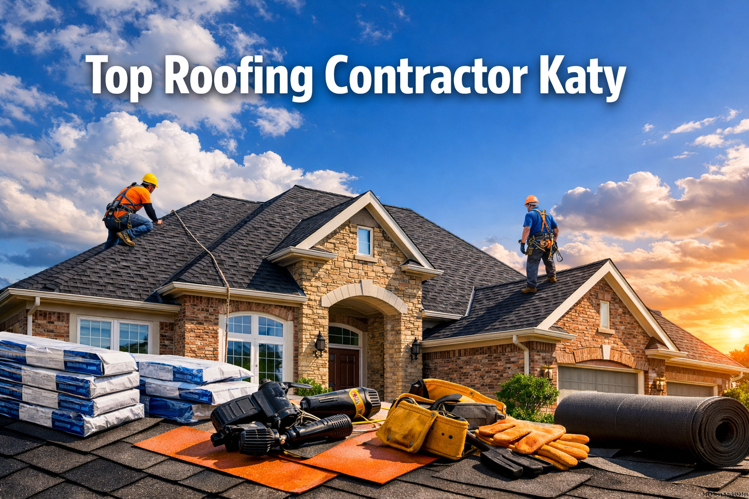 Professional landscape hero image (1536x1024) featuring bold text overlay 'Top Roofing Contractor Katy' in extra large 72pt white sans-serif