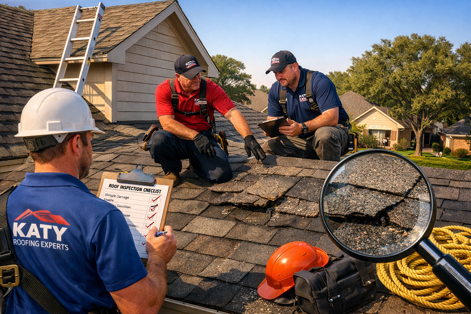 Detailed landscape image showing experienced roofing professionals inspecting residential roof in Katy Texas neighborhood, clipboard with ch