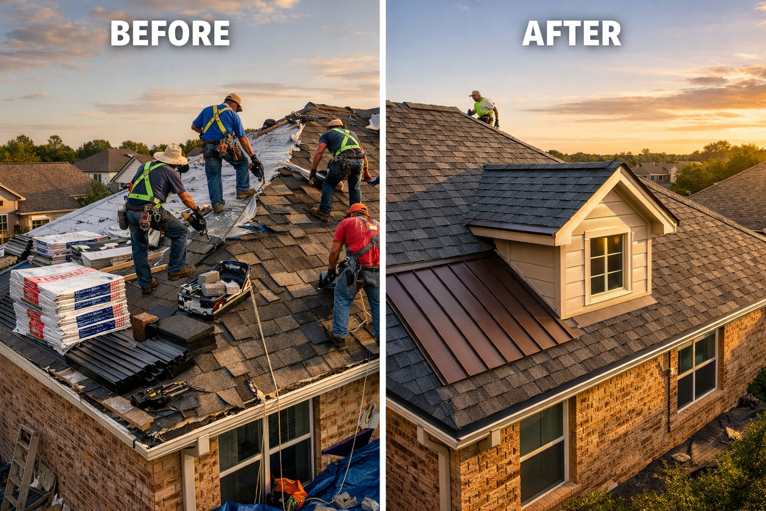 Professional roofing crew installing new asphalt shingles on Katy Texas home, workers in safety harnesses, nail guns, stacks of premium roof