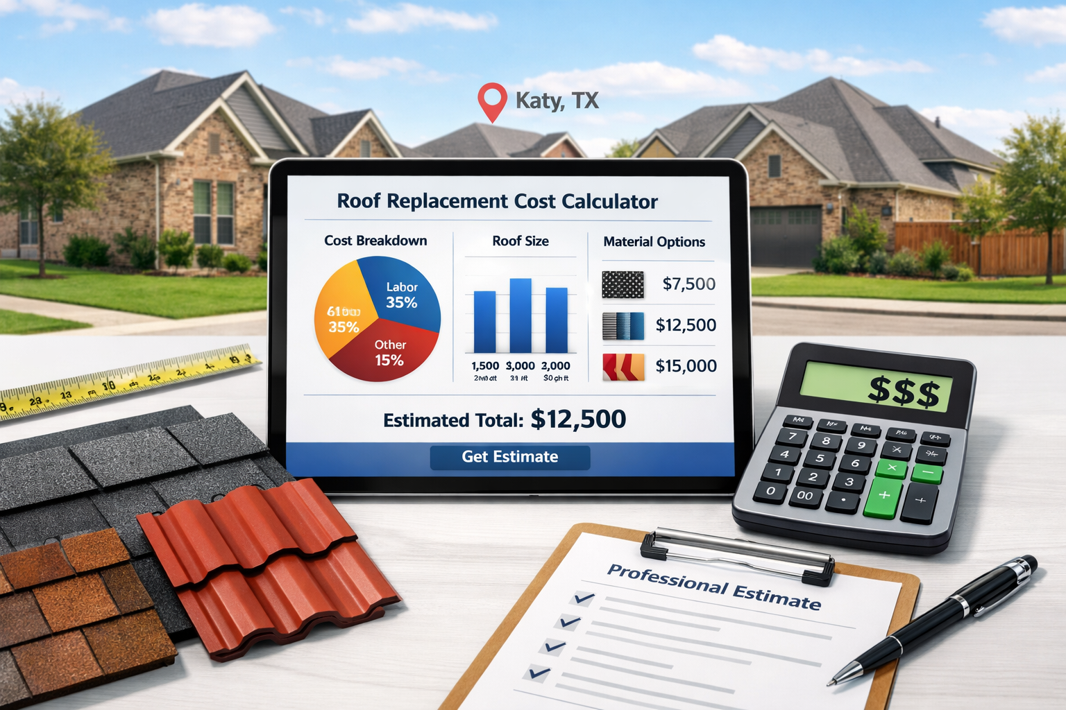 Interactive pricing calculator visualization showing roof replacement costs, digital tablet displaying cost breakdown charts, different roof