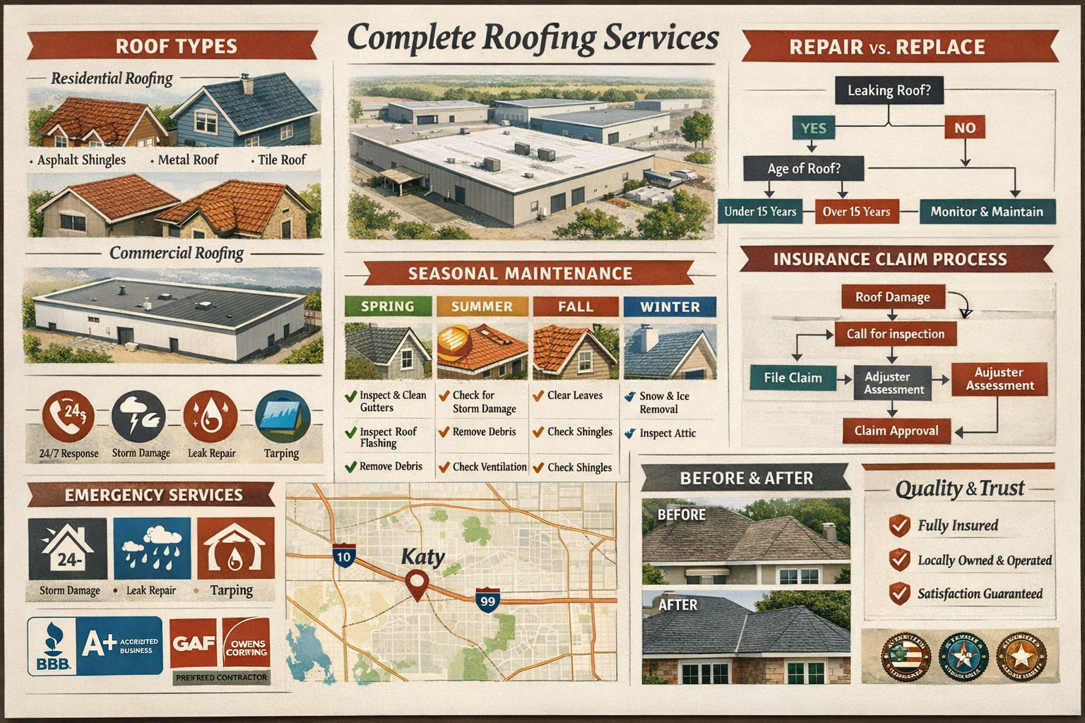 Comprehensive roofing services infographic layout showing residential and commercial roof types, repair vs replacement decision tree, season