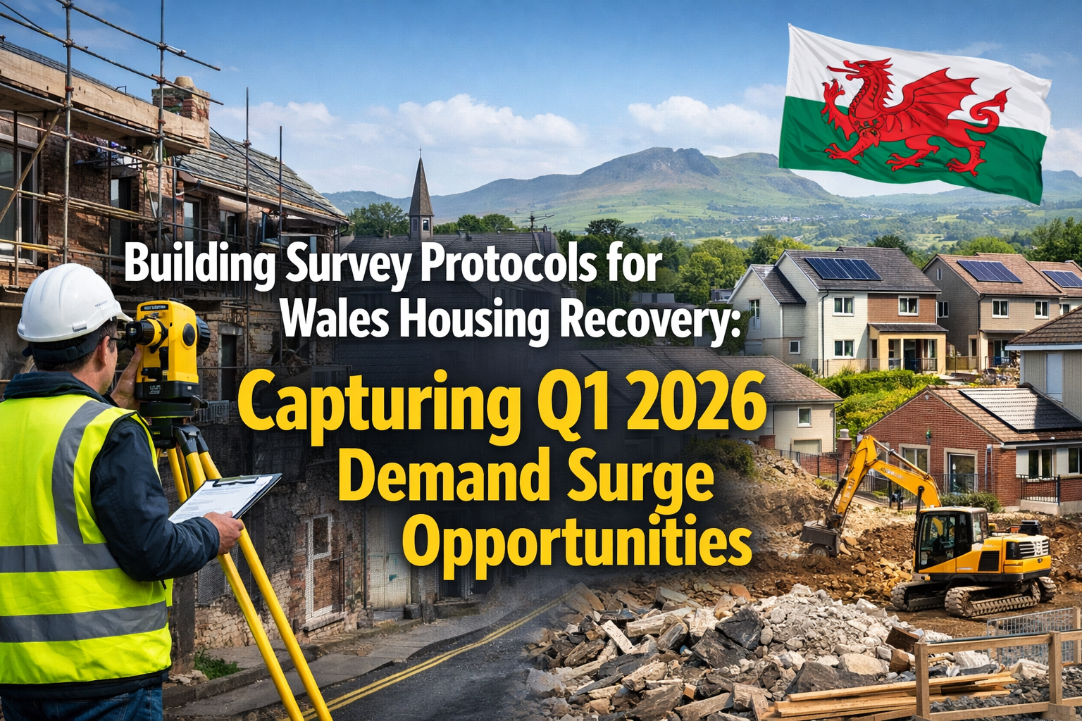 Professional landscape hero image () with : "Building Survey Protocols for Wales Housing Recovery: Capturing Q1 2026 Demand
