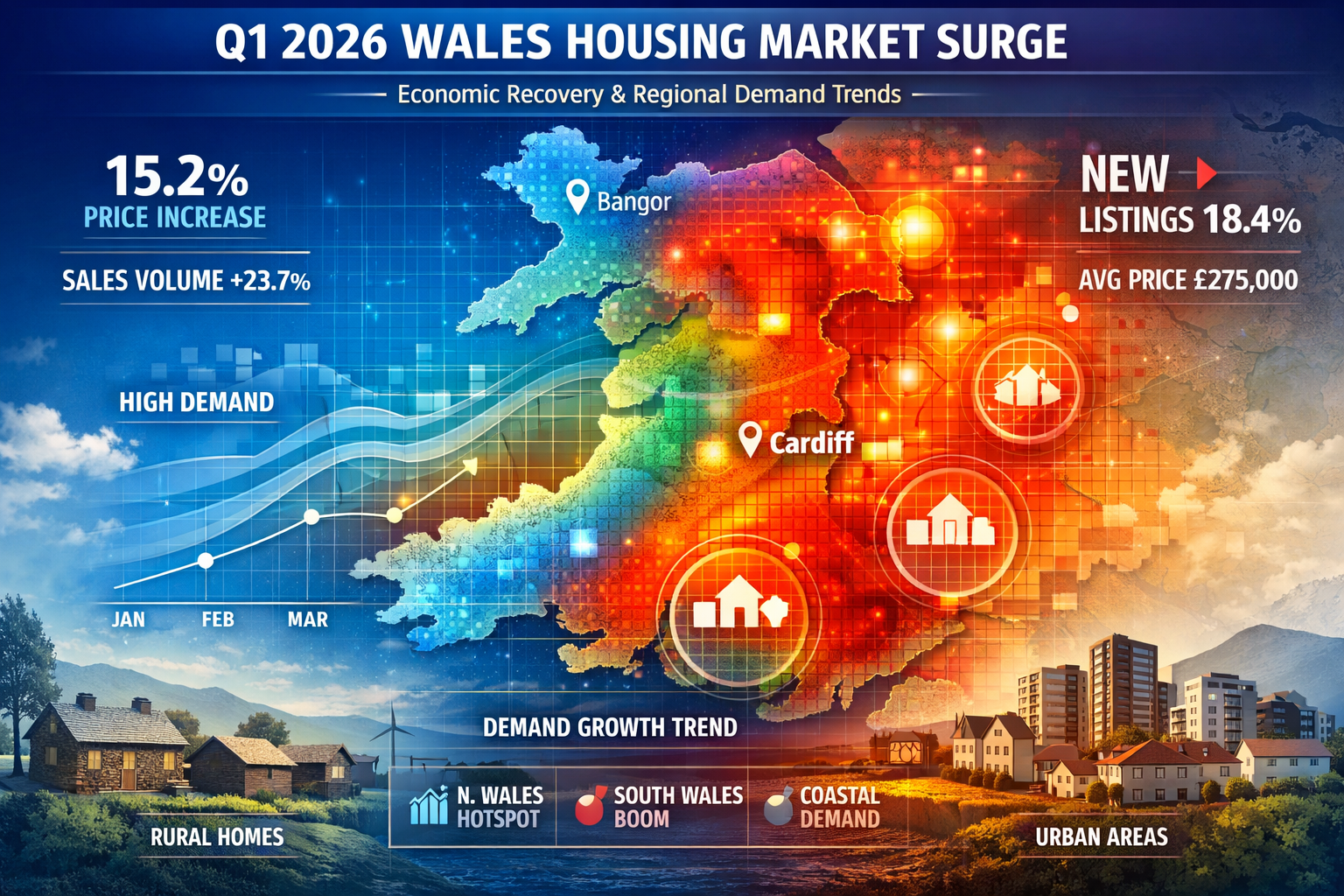 Dynamic market analysis visualization depicting Q1 2026 Wales Housing Market Surge. Landscape geographical map of Wales