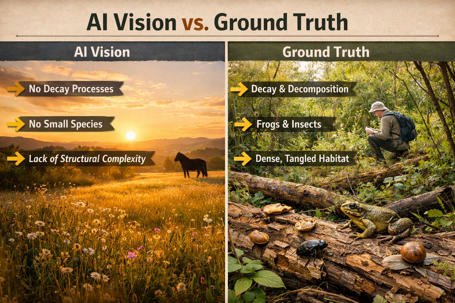 Detailed () image showing side-by-side comparison of AI-generated rewilding imagery versus authentic field photography. Left