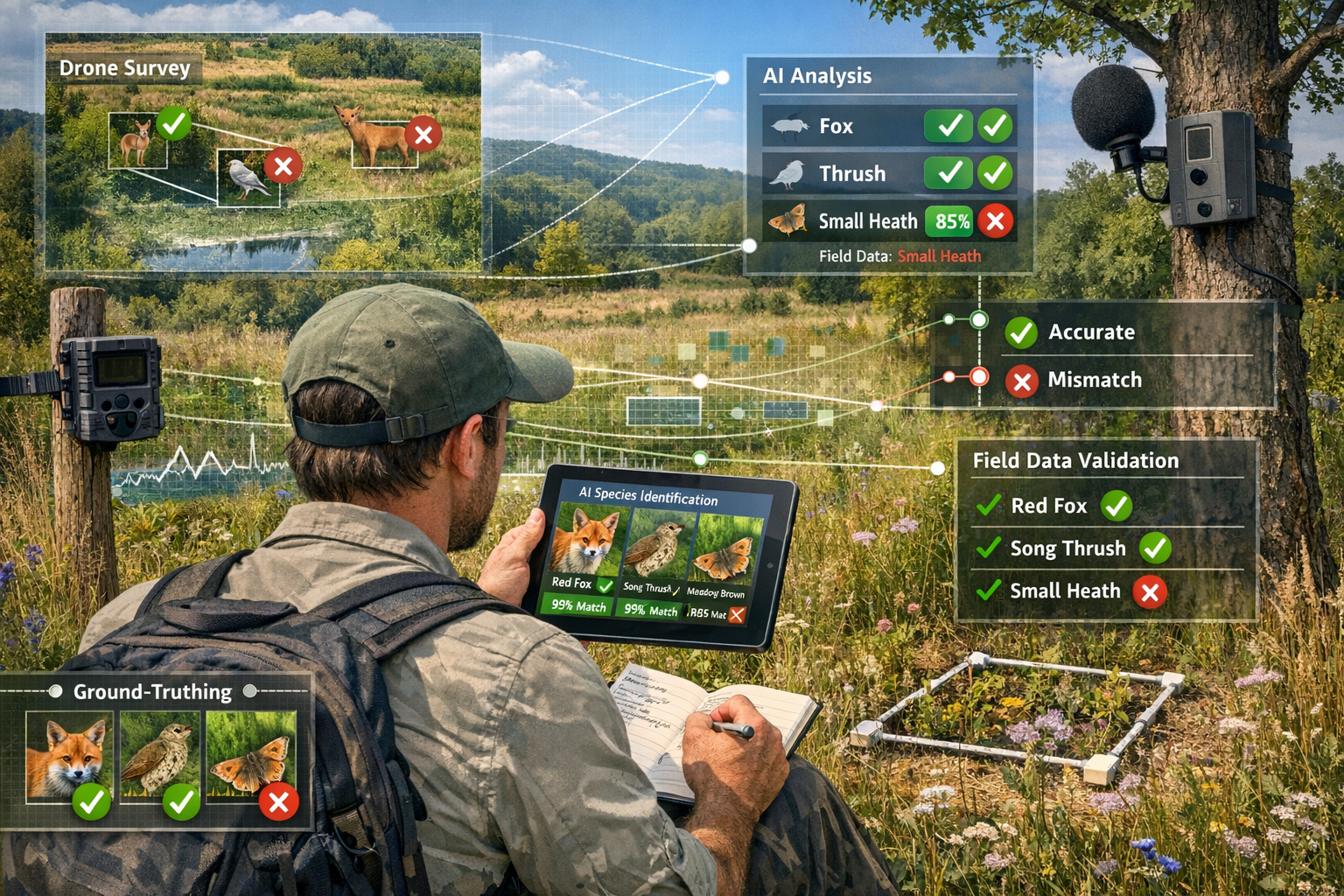 Detailed () image depicting field biodiversity surveyor using hybrid technology approach in rewilded landscape. Central