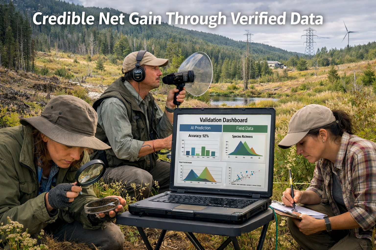 Detailed () image illustrating authentic ecosystem recovery validation framework. Foreground shows diverse team of