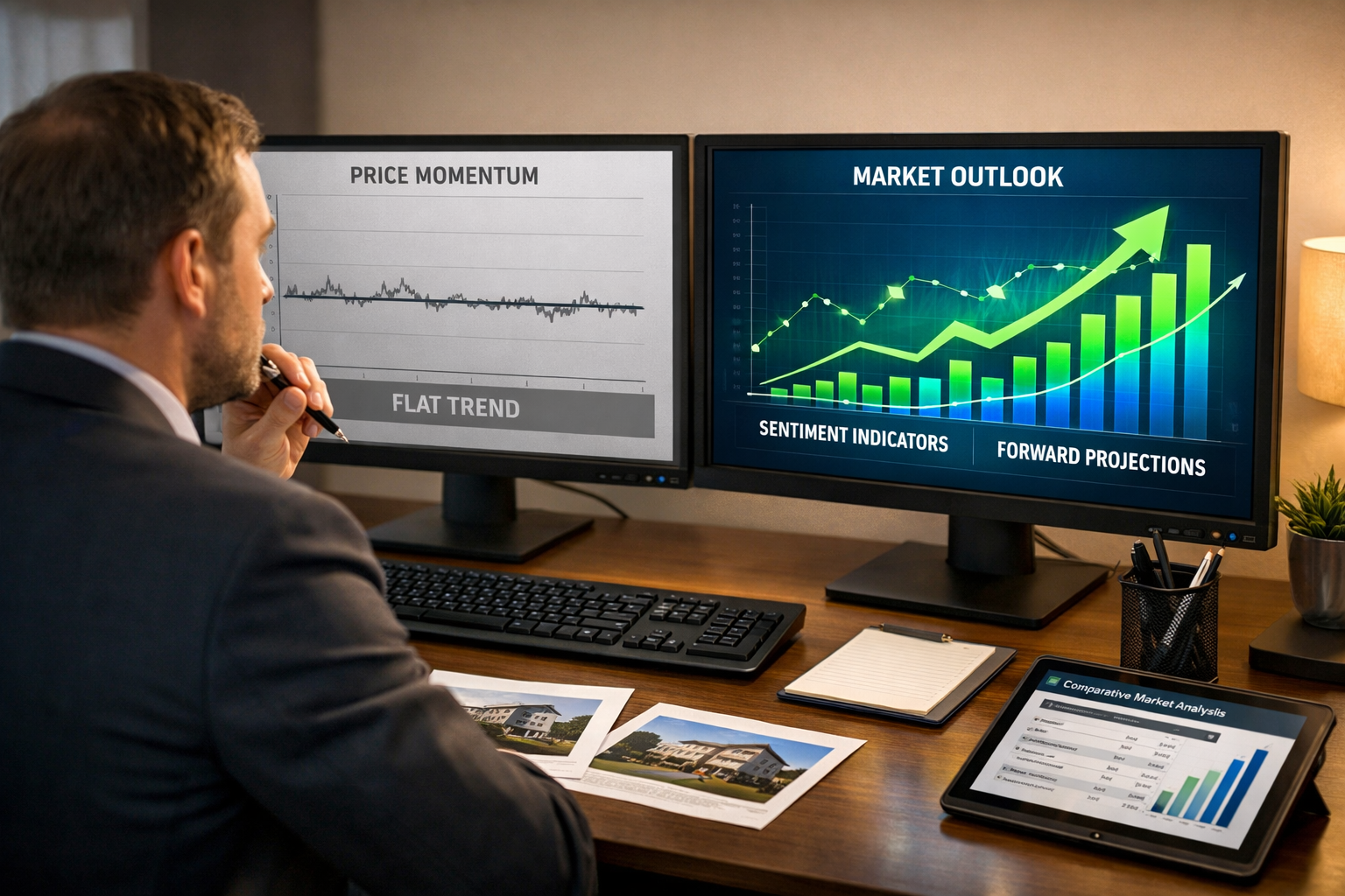 () detailed image showing professional surveyor at modern desk analyzing dual computer monitors displaying contrasting data: