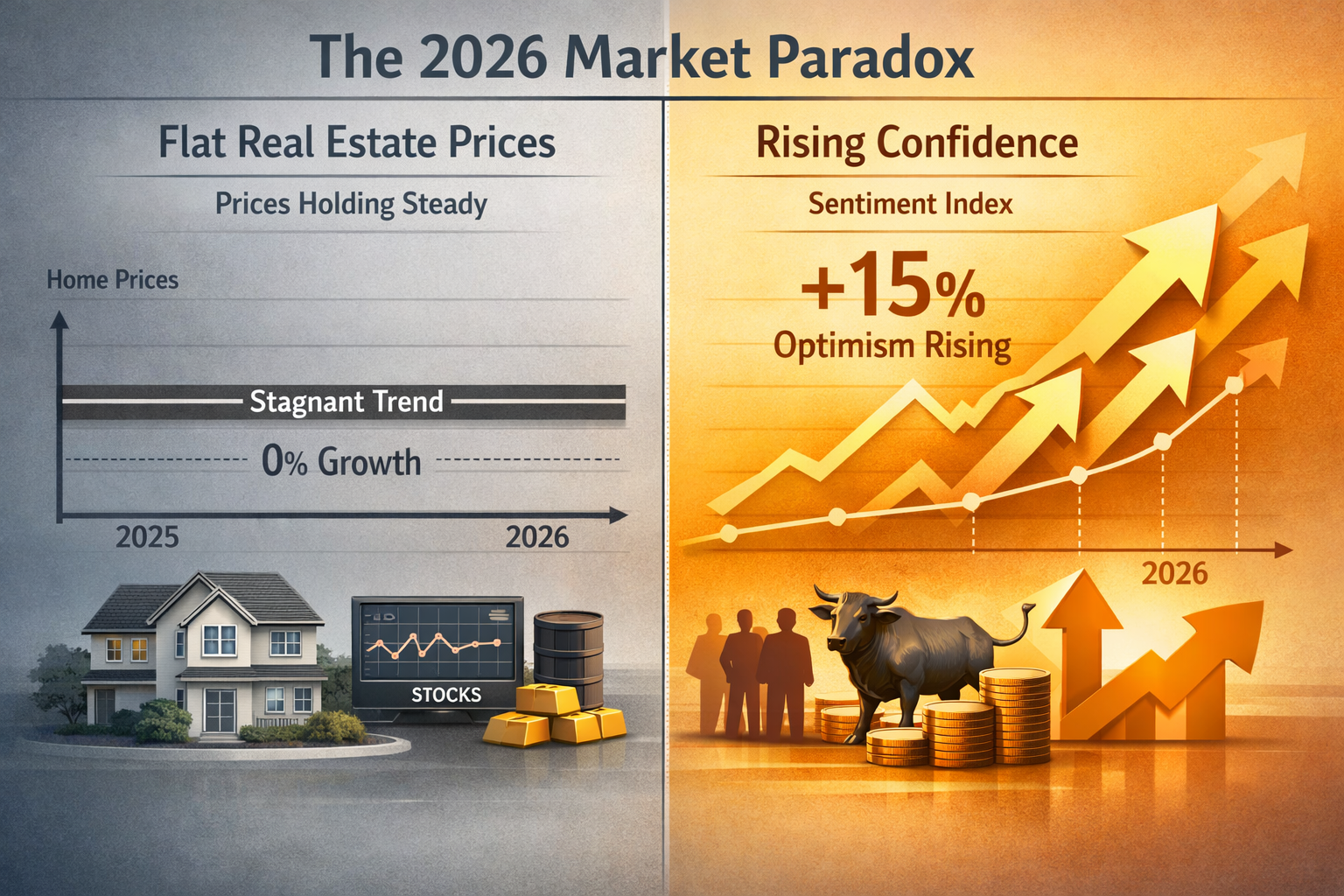 A split-screen editorial infographic visualizing the 2026 market paradox of flat prices and rising confidence, left side