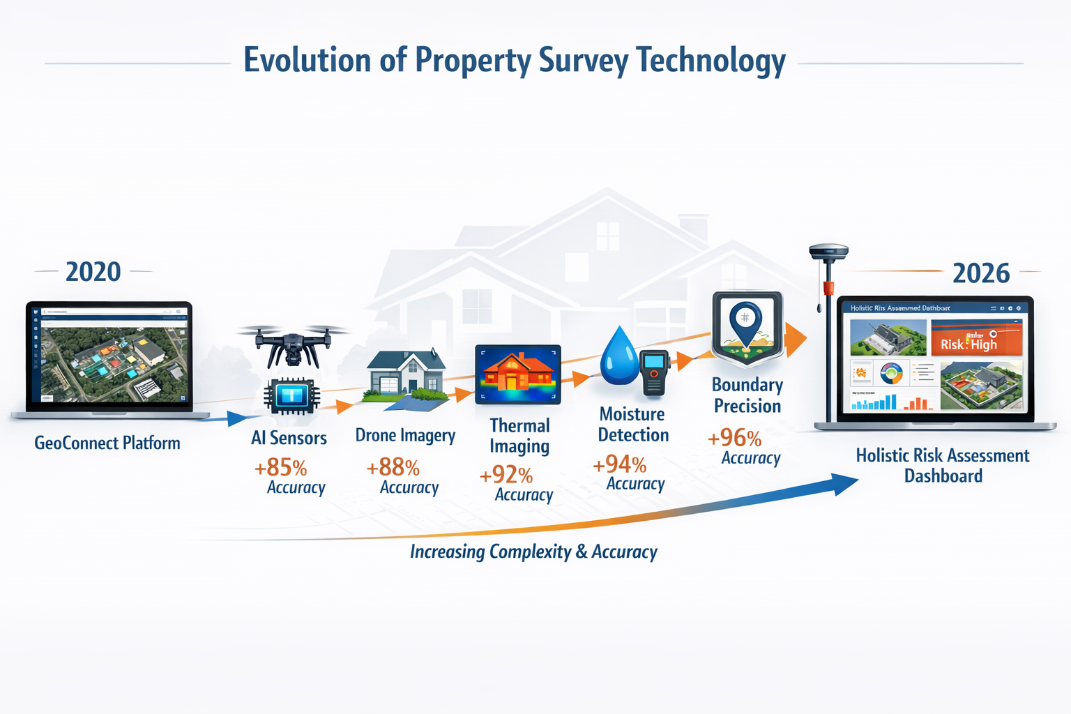 () detailed infographic showing evolution of property survey technology timeline from 2020 to 2026, featuring GeoConnect