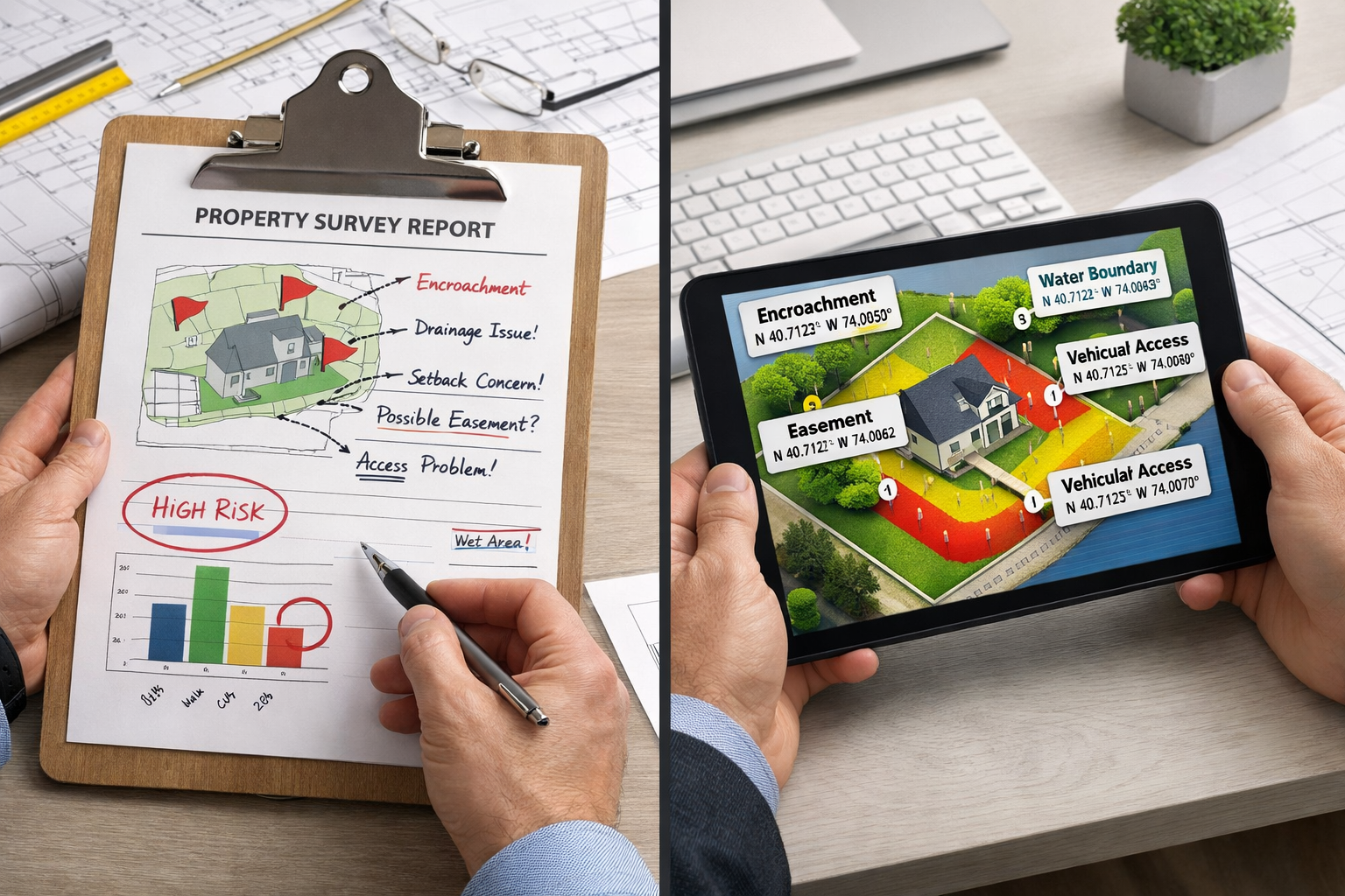 () split-screen comparison image showing left side: traditional paper-based survey report with red flags and handwritten