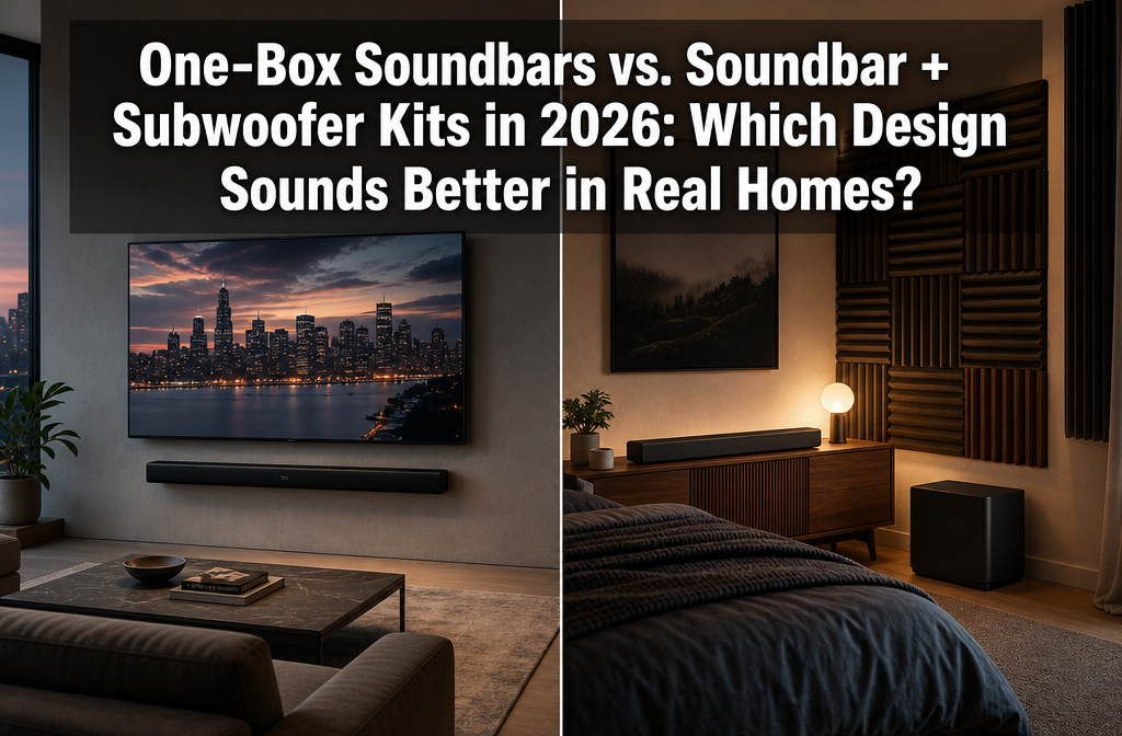 Professional () hero image featuring 'One-Box Soundbars vs. Soundbar + Subwoofer Kits in 2026: Which Design Sounds Better in