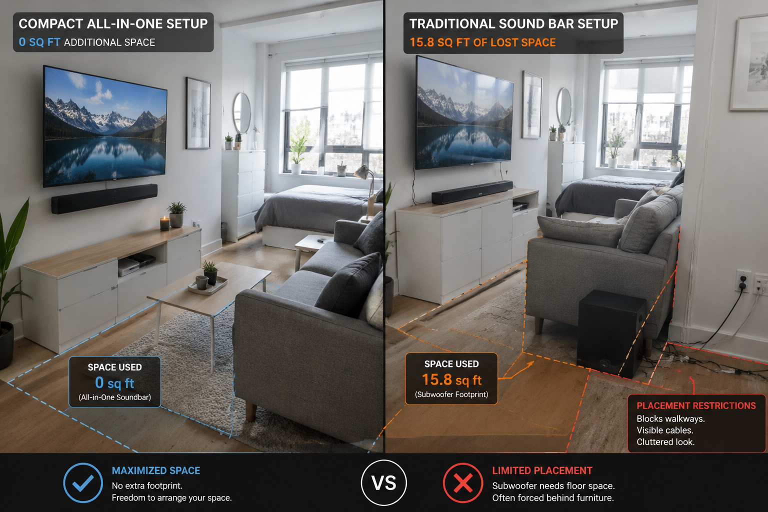 () realistic photo composition showing modern studio apartment interior with limited floor space. Foreground features