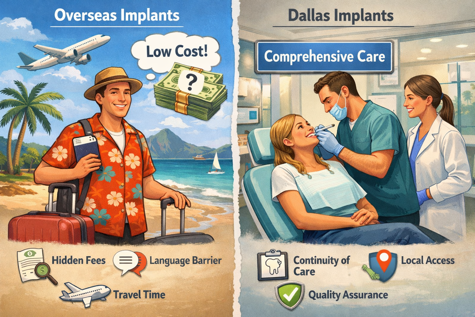 A detailed landscape image () visually comparing the perceived immediate cost savings of overseas dental implants versus the