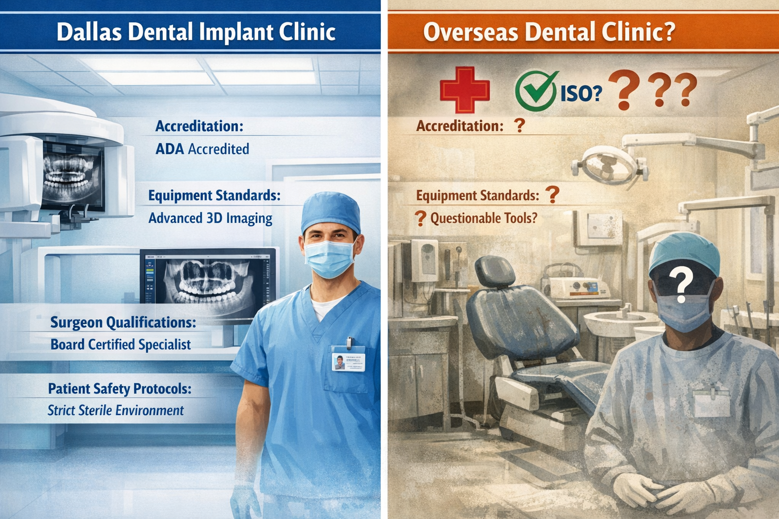 A () infographic contrasting the quality and safety standards between overseas and local Dallas dental implant clinics. One